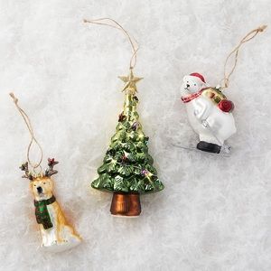 SET OF 2 POTTERY BARN MERCURY GLASS CHRISTMAS ORNAMENTS POLAR BEAR DOG TREE